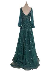 Champagne Beaded Evening Gown For Women V Neck Long Sleeve Tulle Prom Dress With Train Formal Party Ball Gown - 魔力紅2 - 查看 6