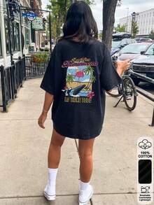 Tops Oversize Primavera/Verano, 100% Algodón, Camisetas de Manga Corta para Mujer, con Divertido Estampado de Ballena Tropical y Avestruz - Negro - Ver 1
