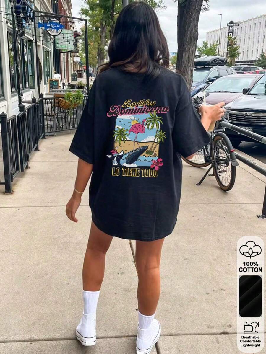 Tops Oversize Primavera/Verano, 100% Algodón, Camisetas de Manga Corta para Mujer, con Divertido Estampado de Ballena Tropical y Avestruz - Negro - Ver 1