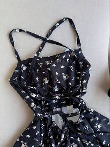 New Women's Floral Print Dress, Strappy Back, Backless, Multi-Layered, Pastel Style, Ideal For Dates, Vacations, Meetings, Parties, Holidays And Daily Wear - 黑色 - 查看 2