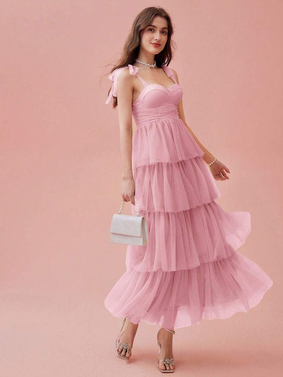 Vestido sin mangas de unicolor con lazo en capas para mujer - Rosa - Ver 1