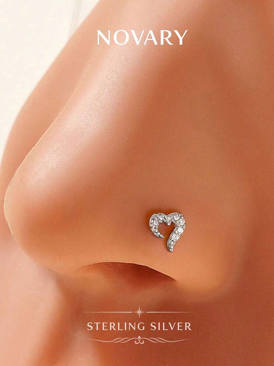 1pc Delicate Heart-Shaped 925 Sterling Silver Nose Ring, Fashionable & Versatile For Daily Wear - Hollow Heart Nose Ring - View 1
