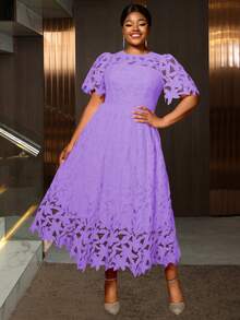 Plus Size Women Hollow Lace Floral Elegant A-Line Maxi Dress, Suitable For Party And Wedding - Purple - View 4