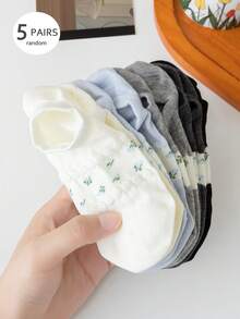 5 Pairs Women's French Floral Patchwork Invisible Socks (No Cardboard Lining, Random Colors) - Multicolor - View 6