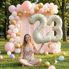 1 Set 32 Inch Cream Color Number Balloon Set With Colorful Plush Balls, Suitable For Birthday Party Decoration, Baby Shower And Various Gathering Scenes (Plush Ball Color Random) - One Size Fits All - View 7