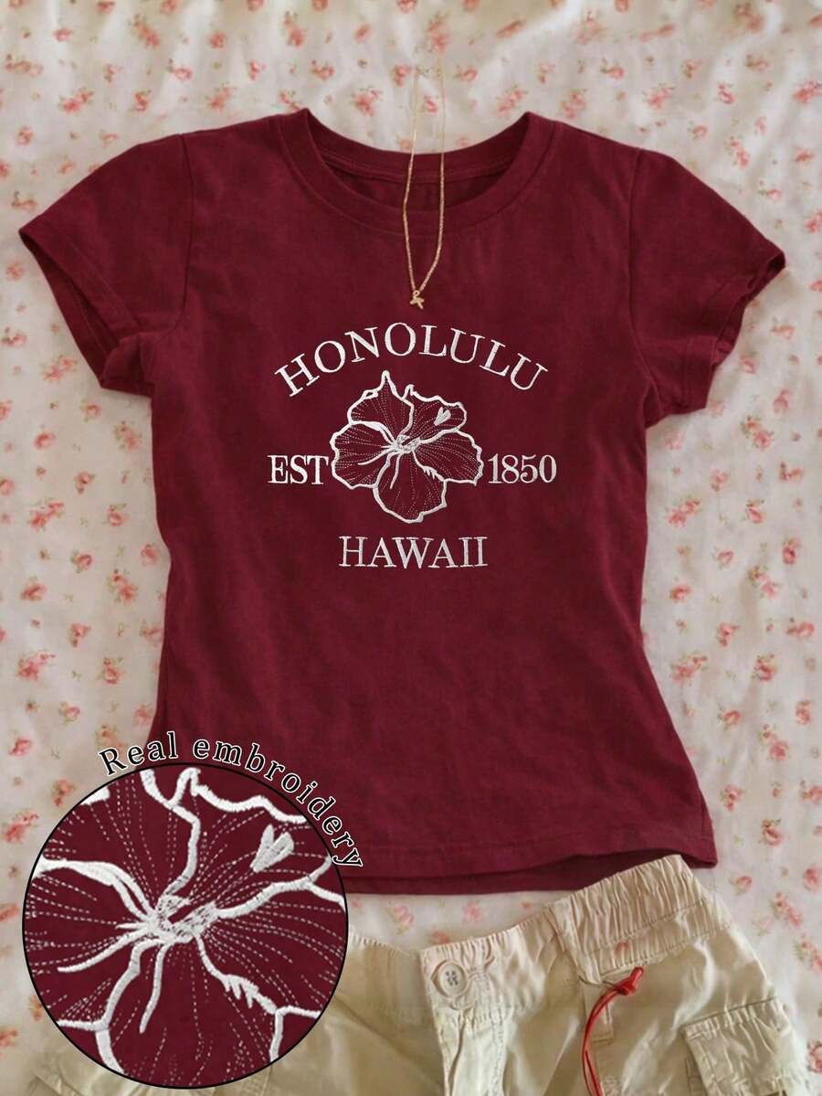 Women's Casual Printed T-Shirt, Short Sleeve And Round Neck, Local Urban Fashion Spring/Summer. Women's Blouses, Women's T-Shirts. 180g (S-XXXL) - 勃根地3 - 查看 1
