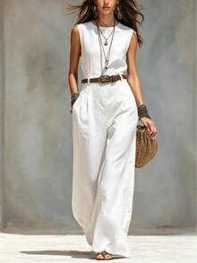 Elegant Sleeveless Round Neck Jumpsuit With Belt & Wide Leg, Casual Vestidos Elegantes For Everyday Wear - 白色 - 查看 1