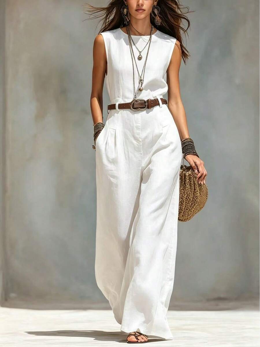 Elegant Sleeveless Round Neck Jumpsuit With Belt & Wide Leg, Casual Vestidos Elegantes For Everyday Wear - 白色 - 查看 1