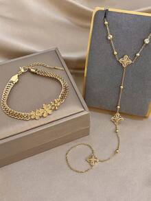Elegante pulsera de dedo con trébol de cuatro hojas de la suerte de circonita dorada, playa de verano, joyería de acero inoxidable para mujer, estilo bohemio, regalo para la madre, uso diario, fiesta, cumpleaños, Día de San Valentín - Multicolor 4 - Ver 4