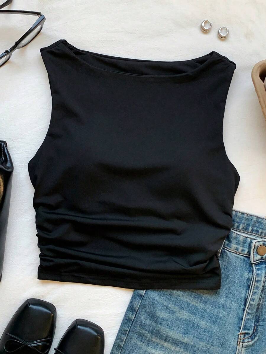 Camiseta de tirantes de algodón con pliegues y forro, de unicolor, adecuada para primavera/verano - Negro - Ver 1
