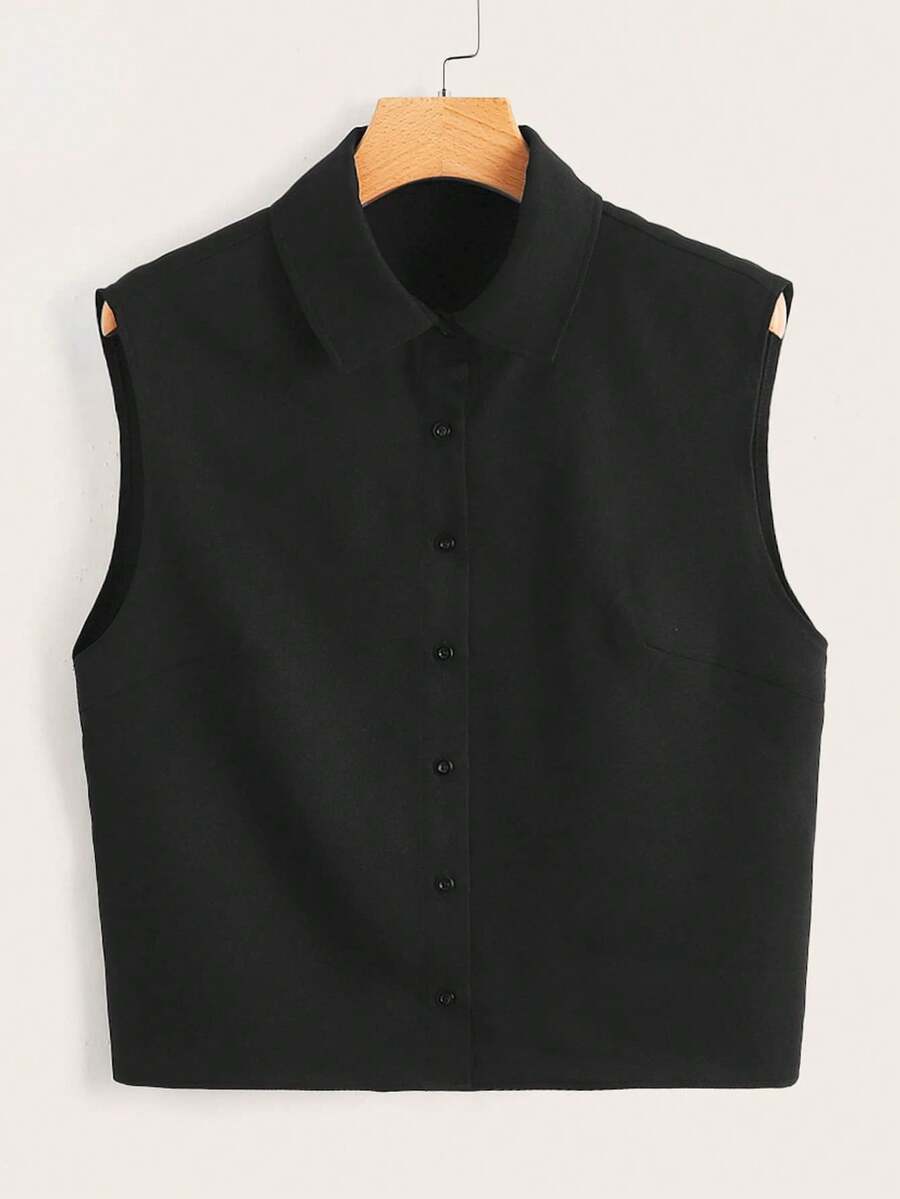 Camisa casual de unicolor tejida, estilo minimalista para uso diario, casual - Negro - Ver 1