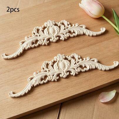 2pcs Solid Wood Carved Inlaid Hollow Wooden Decals, Home Decorations, Woodworking Supplies, Suitable For Cabinets, Doors And Windows, Furniture, Feature Walls, Entrances, Christmas And Other Decorations, DIY Decoration, Decorative Moldings.