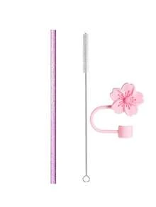 14件替換吸管、6件附刷子吸管蓋，適用於40oz 30oz 20oz 14oz戶外旅行保溫杯，可重複使用亮片吸管附刷子，透明粉色黑色紫色藍色橘色，杯子配件 - 海棠花顏色 - 查看 14