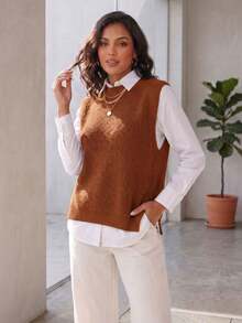 Women's Knitted Vest With Ribbed Crew Neck, Sleeveless, Casual And Elegant Knitwear For Autumn/Winter - 藍色 - 查看 9