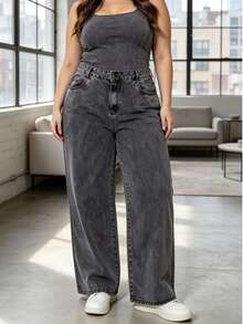 Women's Plus Size Wide Leg Jeans, High Waist, Comfortable Palazzo Pants - garafite - 查看 2