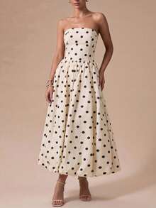 Elegante vestido midi de lunares retro sin tirantes con bajo abullonado - Adecuado para invitados de boda, fiestas, playa, vacaciones de verano, salidas y ceremonias de graduación Blanco - Blanco - Ver 1