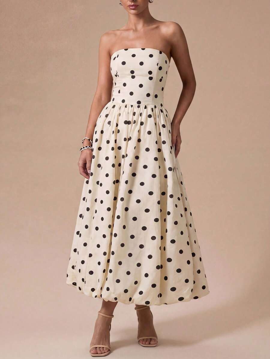 Elegante vestido midi de lunares retro sin tirantes con bajo abullonado - Adecuado para invitados de boda, fiestas, playa, vacaciones de verano, salidas y ceremonias de graduación Blanco - Blanco - Ver 1