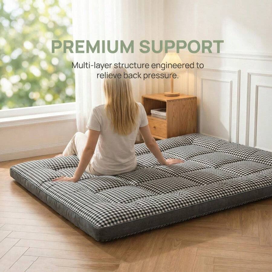 1pc Solid Color Soft & Comfortable Mattress Pad, Japanese-Style Floor Mattress, Hotel Quality, Elastic Corner Straps, Thick & Fluffy, Single/Double/Queen/King Size, Suitable For All Seasons, Breathable Tatami Mat, Foldable & Rollable Sleeping Pad, Suitable For Camping, Dorm, Guest Room, Easy To Clean, Large Mattress