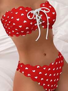 New 2026 Model: Women's Multicolor Ruffled Bikini Swimsuit With Red Heart-Shaped Bow - Red Background With White Heart - View 1