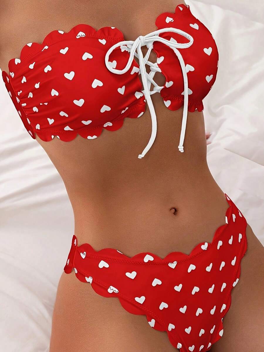 New 2026 Model: Women's Multicolor Ruffled Bikini Swimsuit With Red Heart-Shaped Bow - Red Background With White Heart - View 1