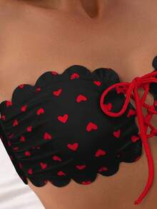 New 2026 Model: Women's Multicolor Ruffled Bikini Swimsuit With Red Heart-Shaped Bow - Red Heart On Black - View 5