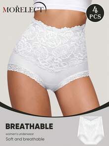 Morelect 4pcs/Set Women's High Waist Panties, Lace Patchwork, Jacquard Pattern, Tummy Control, Hip Shaping, Soft And Breathable - White - View 2