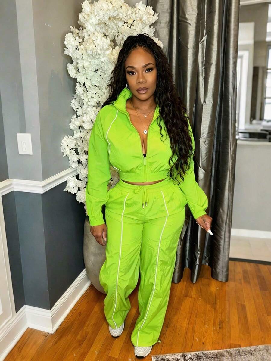 SRoinpar European And American Fashion Women's Woven Color-Block Striped Top And Wide-Leg Elastic Waist Button Sports Pants 2 Pieces Set - Fluorescent Green - View 1