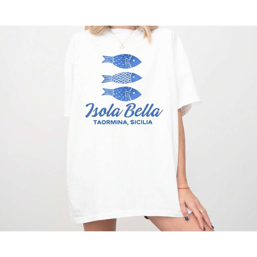 Isola Bella, Taormina, Sizilien,  Kurzarm-T-Shirt |   Italien, italienisches Tee |   Strand, Fisch, Sommerhemd | Mediterraner Stil, , haut printemps - Weiss - Übersicht 1