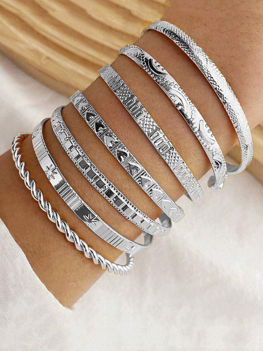 7pcs/Set Juego de Brazaletes Dorados - Brazaletes Apilables Multicapa con Textura Estilo Bohemio Joyería
