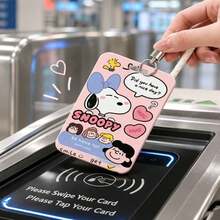 MINISO Sweet Snoopy Peanuts 動漫直立式滑動卡套，可愛卡通 ID 名牌套，附編織皮革掛繩鑰匙圈吊飾，開學季黃色粉色學生女孩禮物 - 黃黑線 - 查看 4