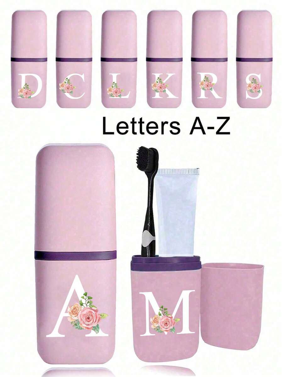 A-Z字母花卉装饰便携式旅行牙刷盒，浴室用品，户外旅行牙刷牙膏收纳盒，字母印花防尘整理盒，旅行必备，返校用品，露营装备，暑假用品，浴室配件，家居用品，收纳