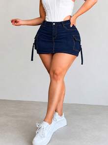 Mini-jupe cargo en jean grande taille, jupe en jean moulante à taille haute avec poches fonctionnelles, jupe streetwear Y2K pour femmes pulpeuses, décontractée pour l'été - bleu foncé - Voir 3