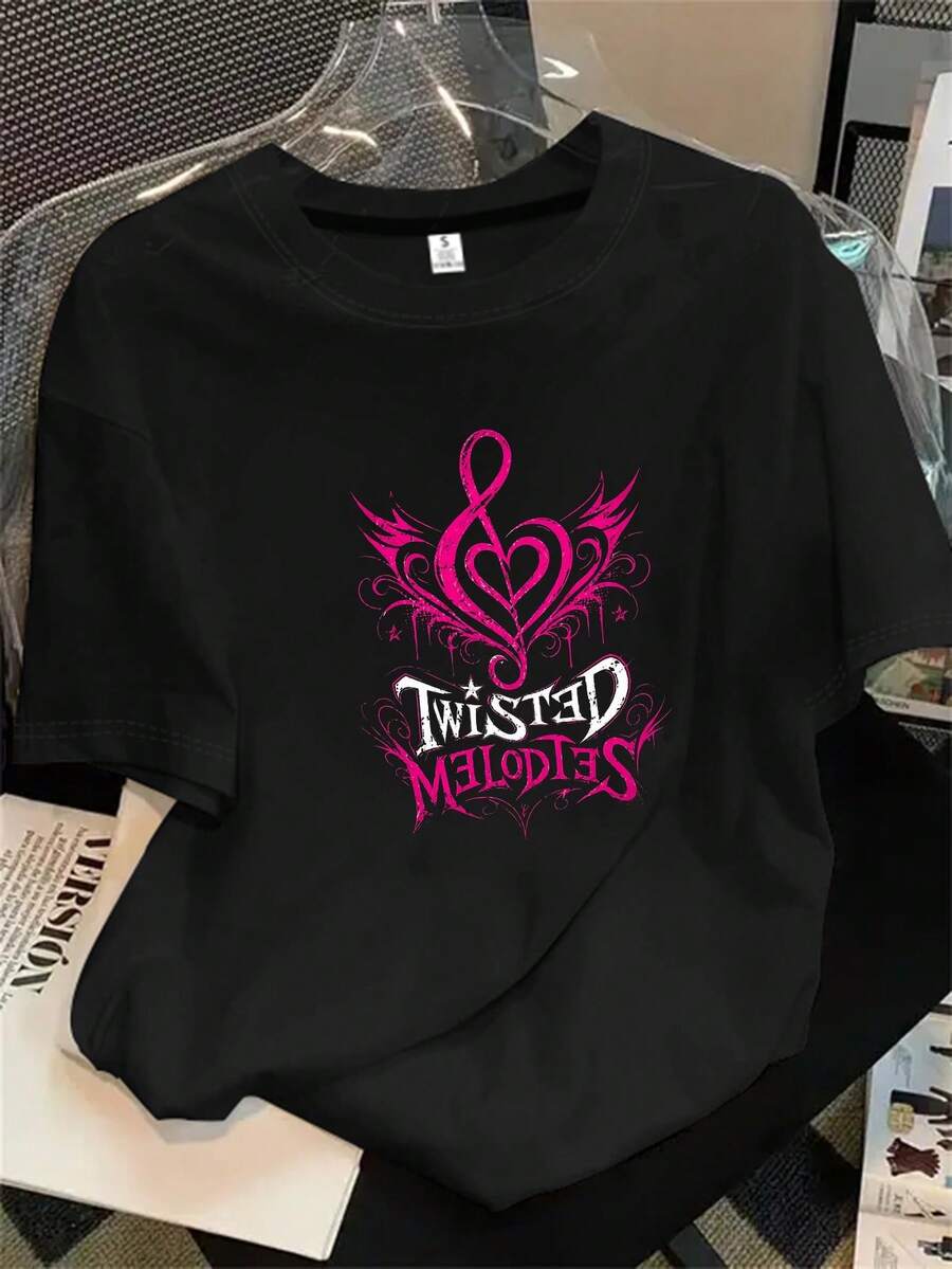 Camiseta de manga corta para mujer con estampado Twisted Melodies, ideal para primavera/verano. El regalo perfecto para las fiestas. - Negro - Ver 1