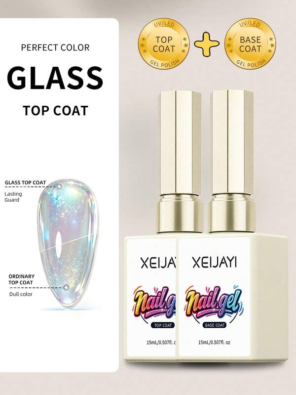 2Pcs/Set 15ml Glass Top Coat Long Lasting Clear Rubber Base Coat LED UV Strengthen Nails High Gloss Top Finish Gel Nail Polish
