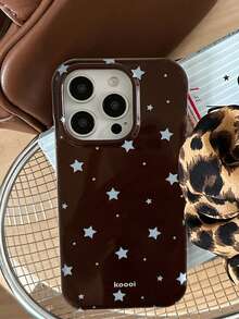 1件裝 棕色底藍色星星手機殼 復古風 全包覆 防震 軟殼 適用於 iPhone17/16/15/14/13/12/11 Pro Max 美式Ins風 手機保護套 小眾設計 - 棕色 - 查看 2