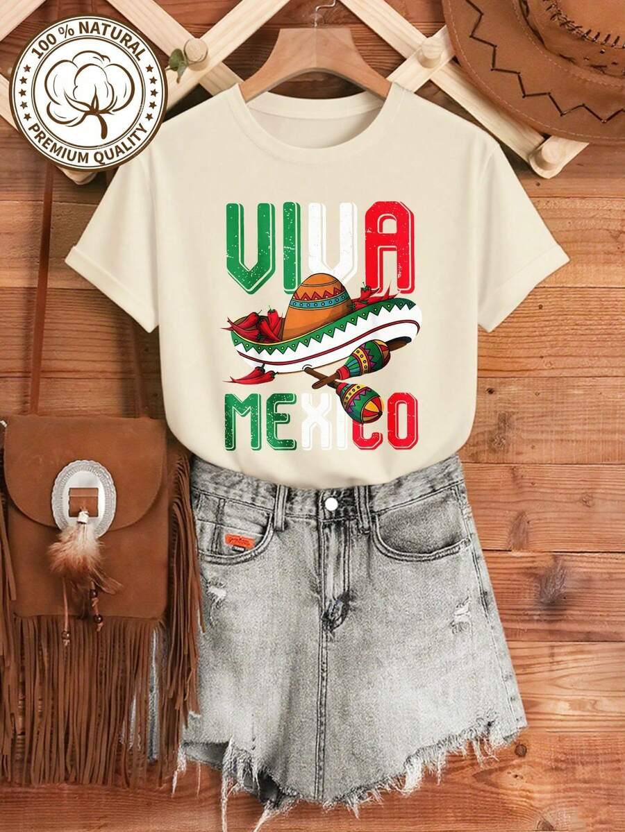 MYAZUL Women's Soft Cotton T-Shirt With Viva Mexico Fiesta Print, Cinco De Mayo Gift, Summer Clothes, Fashionable Women's Dresses, Casual, Perfect For All - 杏 - 查看 1