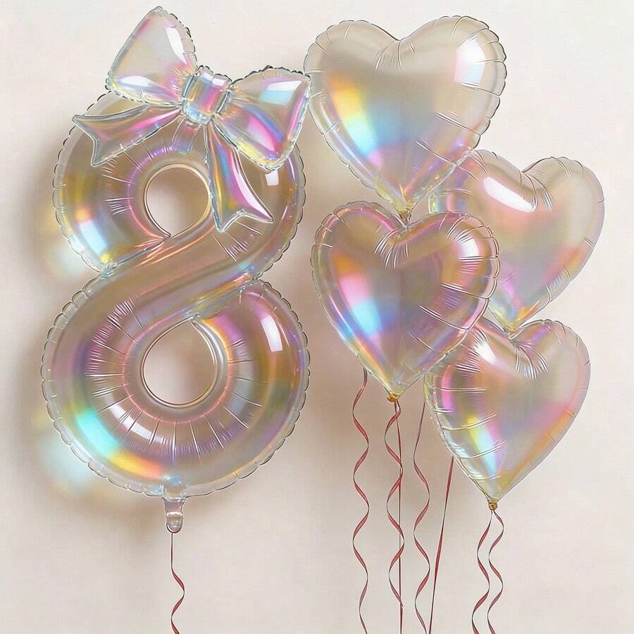 kumozawa 6pcs Iridescent Transparent Number, Bow And Heart Balloons - Includes 40" Iridescent Transparent Number, 24" Iridescent Transparent Bow, 18" Iridescent Transparent Heart Balloons. Suitable For Baptism - View 1