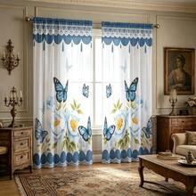 2 pezzi di tende trasparenti in stile rustico fresco, con motivo di farfalle blu e peonie bianche con bordo in pizzo. Stampa piatta 2D, permettono alla luce di filtrare e sono ideali per la decorazione estiva di finestre, sale da pranzo, soggiorni e cucine. - Multicolore - Visualizzare 7
