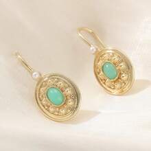 Vintage Copper Handmade Carved Earrings, Inlaid With Faux Turquoise, Women's Bohemian Style Ear Jewelry - Gold - View 7