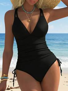 Nuevo modelo 2026:CURVASWIM 2026 Traje de Baño de Una Pieza para Mujer con Cordón Ajustable, Color Sólido, Nueva Colección de Moda - Negro - Ver 1