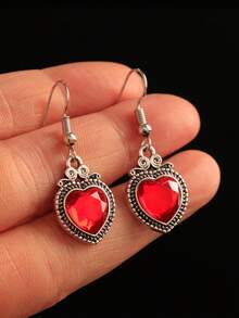 Fashionable Retro Red Heart-Shaped Earrings, 1 Pair - Red - View 5