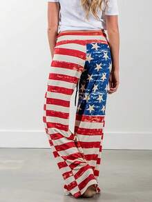 Nuevo modelo 2026:Pantalones con estampado de la bandera estadounidense y estilo casual de pierna ancha. - Albaricoque - Ver 10