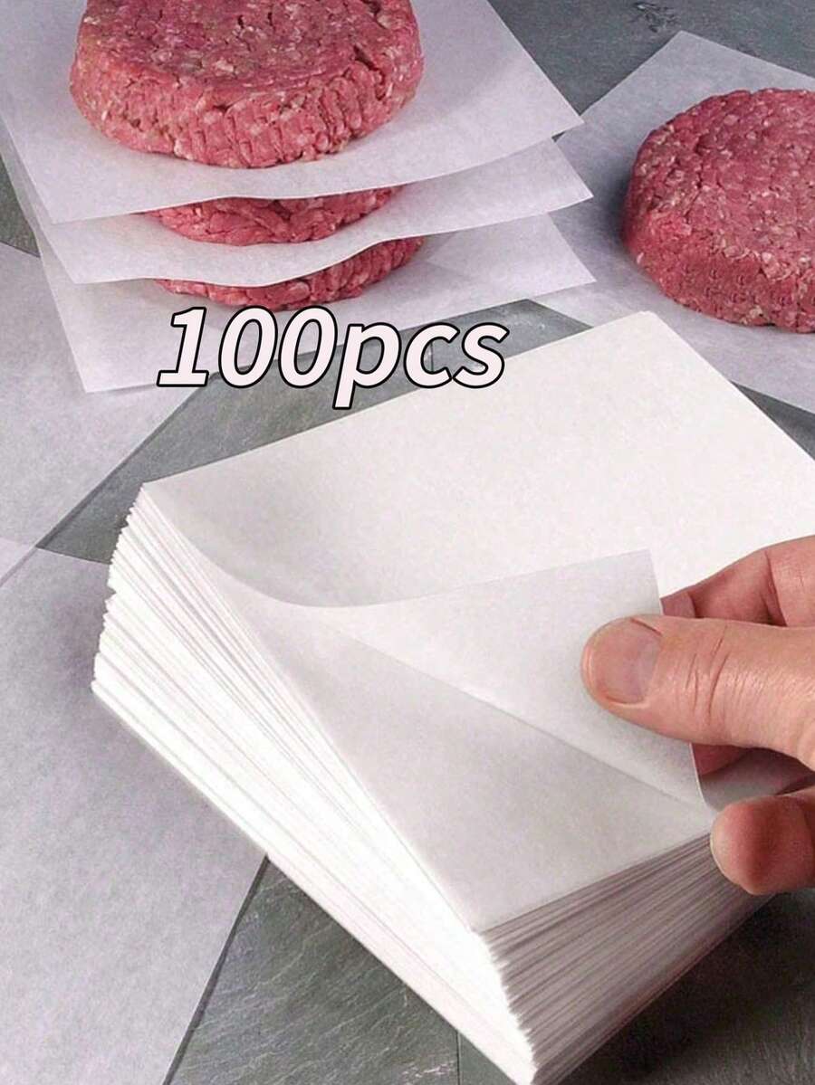 100张汉堡肉饼纸，圆形/方形不粘烘焙纸，适用于汉堡肉饼模具，可分隔汉堡肉饼，也可用于烘焙饼干和其他烘焙食品。