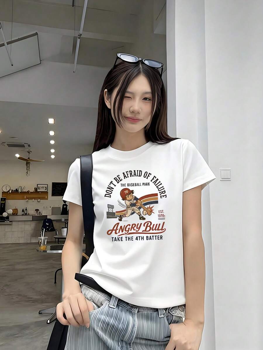A Round Neck Short Sleeve T-Shirt With A Stylish White Lettering Print, A Loose Top That Goes Well With Summer Fashion - White - View 1