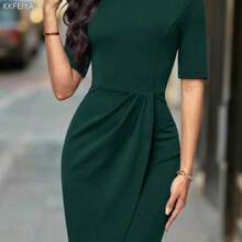 Soqi Women's Clothing  Vestido bajo cruzado unicolor - Verde Oscuro - Ver 1
