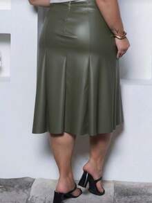Faux Leather Midi Skirt With Cutouts And Back Zipper. - Olive Green - View 3