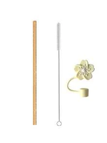 14件替換吸管、6件附刷子吸管蓋，適用於40oz 30oz 20oz 14oz戶外旅行保溫杯，可重複使用亮片吸管附刷子，透明粉色黑色紫色藍色橘色，杯子配件 - 海棠花顏色 - 查看 13