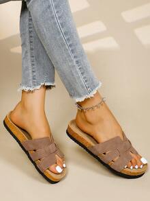 Women's Comfortable Cork Bed Sandals, Casual H-Shaped Strap Flat Slides, Summer Outdoor Beach Slippers - Khaki - View 3