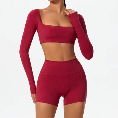 Top Deportivo de Verano de Secado Rápido con Cuello Cuadrado para Mujer, Top Corto para Gimnasio, Fitness, Deportes, Ropa Casual de Yoga de Manga Larga para Mujer
