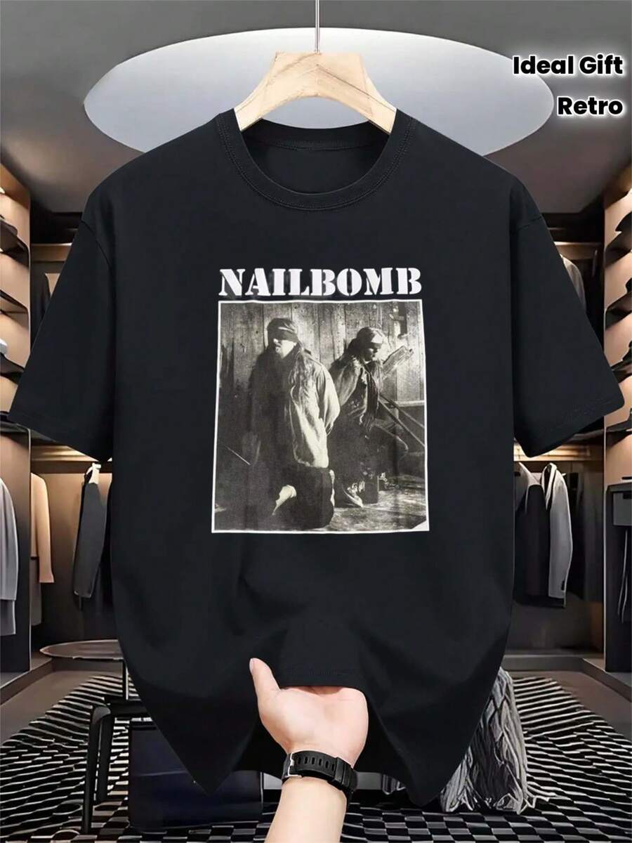 Camiseta de Algodón Grueso para Hombre y Mujer de la Banda Nail Bomb - Camiseta con Gráficos de Banda de Rock Vintage, Estilo Retro Suave y Atrevido para Conciertos y Festivales, Camiseta Có - Negro - Ver 1